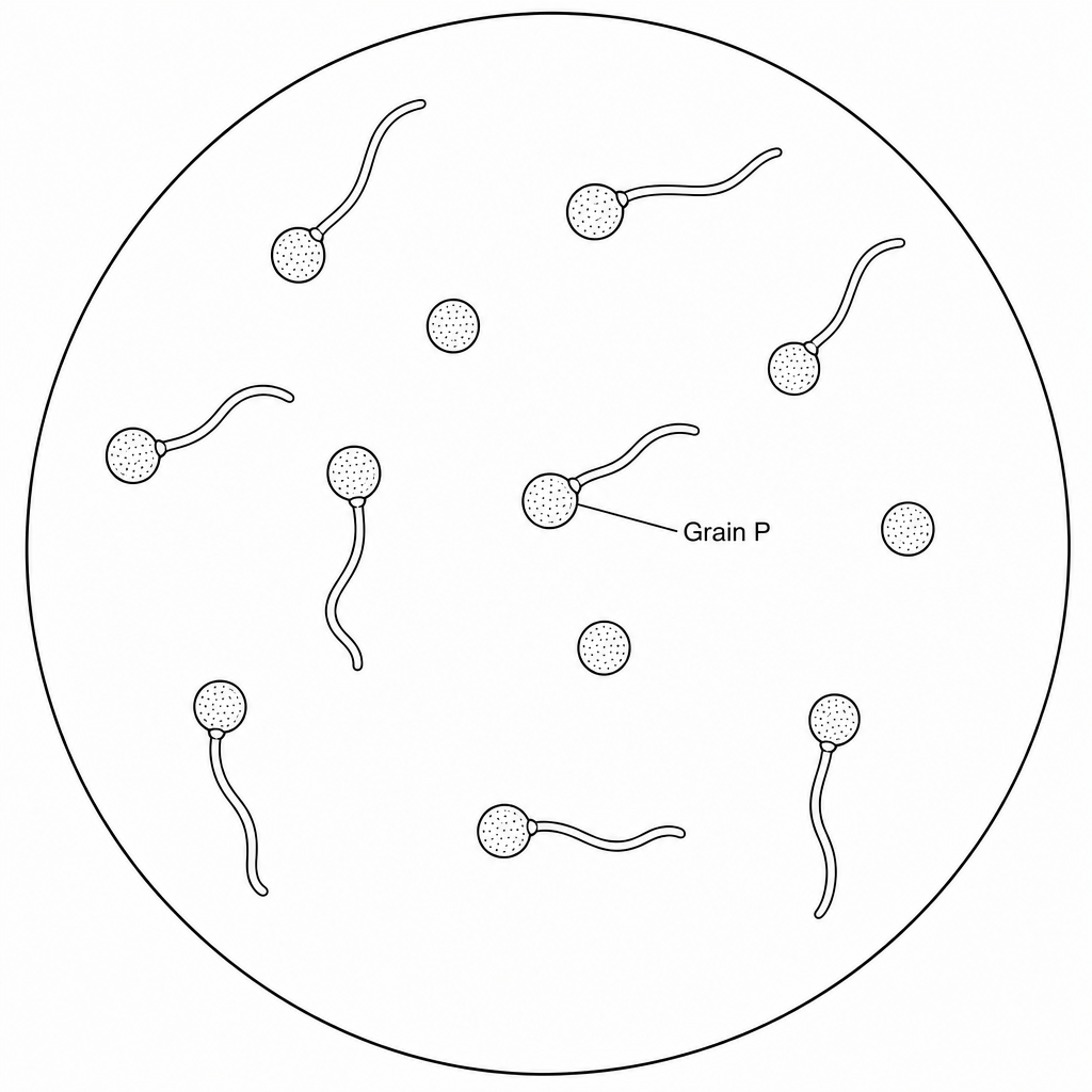 A circular microscope field of view containing 12 pollen grains. 9 of the pollen grains have a distinct pollen tube growing out of them (germinated), while 3 are simple spheres with no tube (ungerminated). One of the germinated pollen grains is labeled as Grain P.