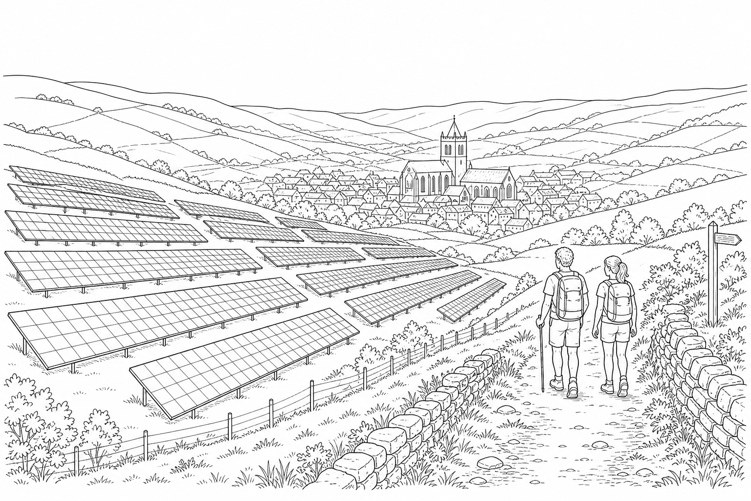 Figure 5a: A large-scale solar energy development with rows of dark blue solar panels stretching across rolling green hillsides in rural Devon, UK. In the background, a historic village with a medieval church and tourists hiking on a public walking trail overlooking the valley are clearly visible.