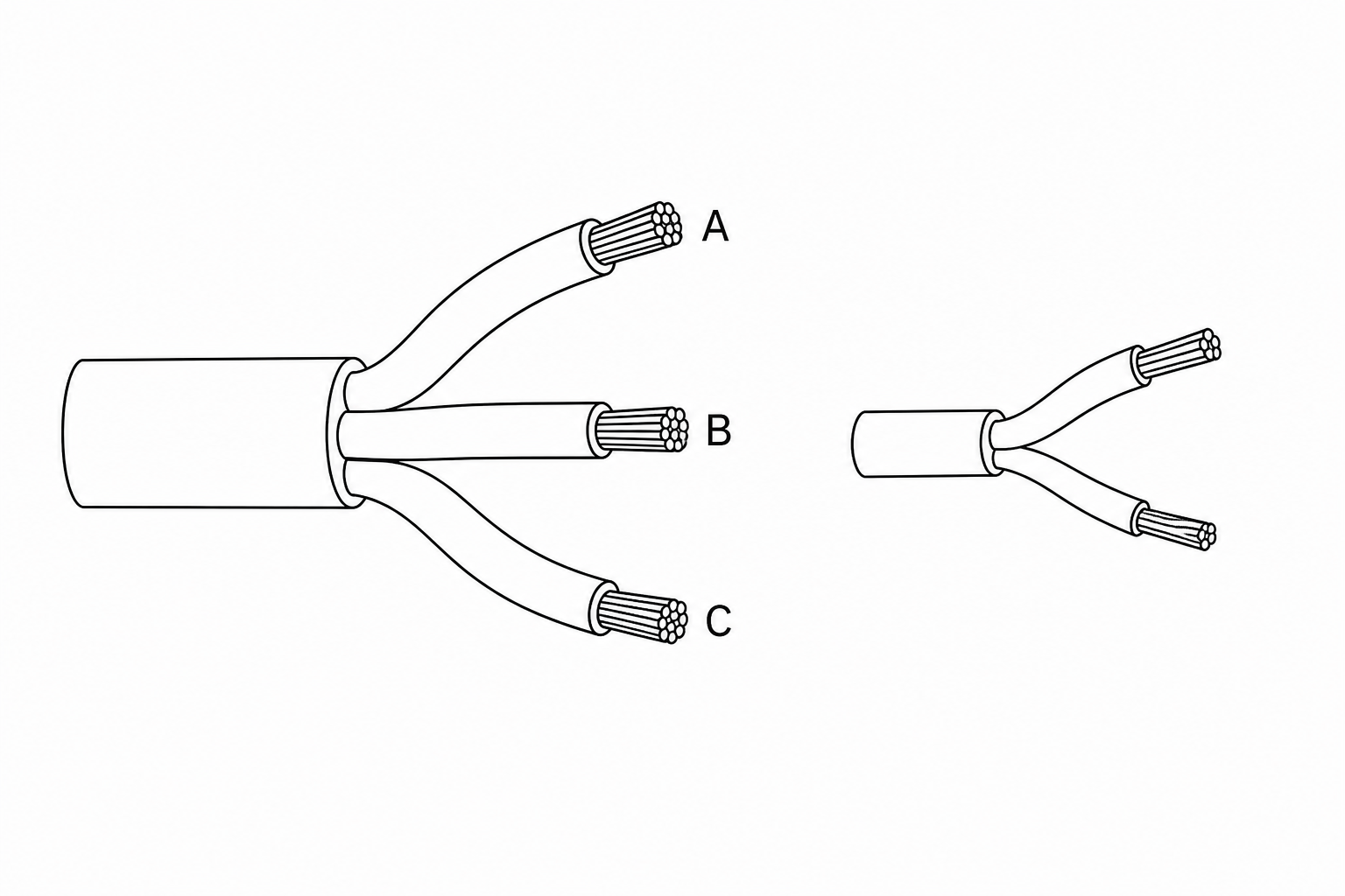 Two electrical power cables split at the ends to reveal their internal wires.