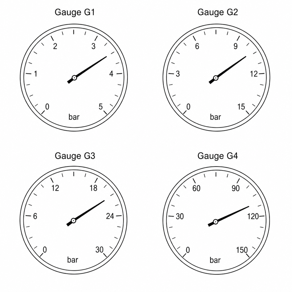 Four pressure gauges labeled G1, G2, G3, and G4 with different ranges.