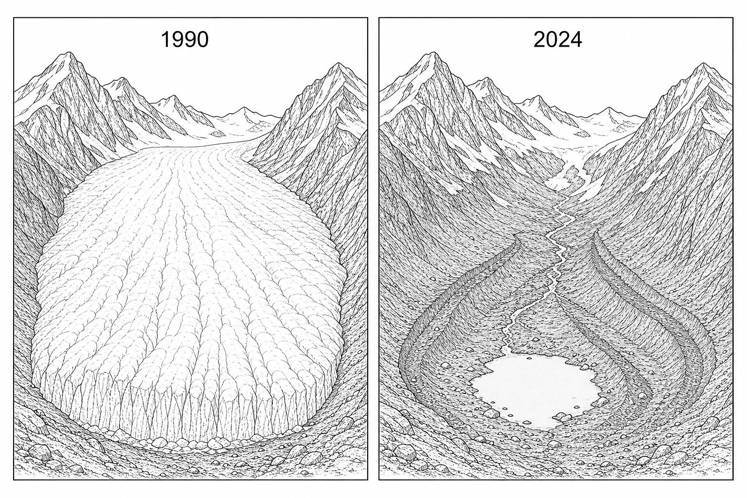 Figure 1a: A comparison diagram of a mountain valley in 1990 and 2024 showing glacial retreat.