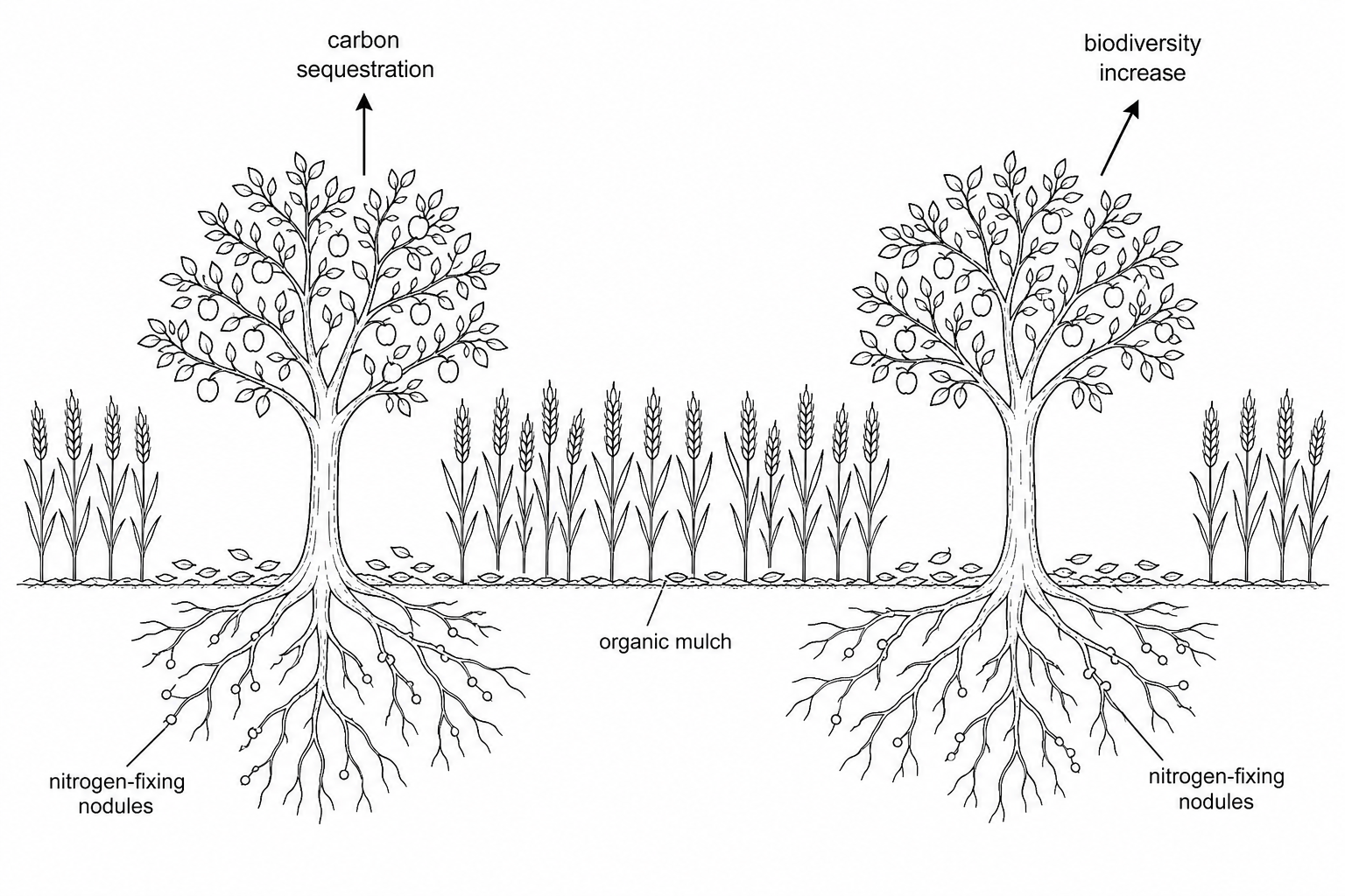 Figure 1a: A diagram showing an agroforestry system where rows of fruit trees are planted alongside arable crops (wheat). Root networks show nitrogen-fixing nodules and leaves falling as organic mulch. Arrows indicate biodiversity increase and carbon sequestration.