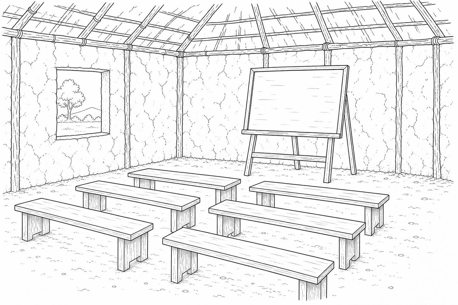 Fig. 1: A line drawing showing the interior of a rural primary school classroom in Ethiopia. The room has rough mud-and-straw walls supported by vertical wooden poles, a visible wooden roof structure, simple long wooden benches on a packed dirt floor, an open window without glass, and a freestanding blackboard on an easel. There are no electrical outlets, wires, or modern school equipment.