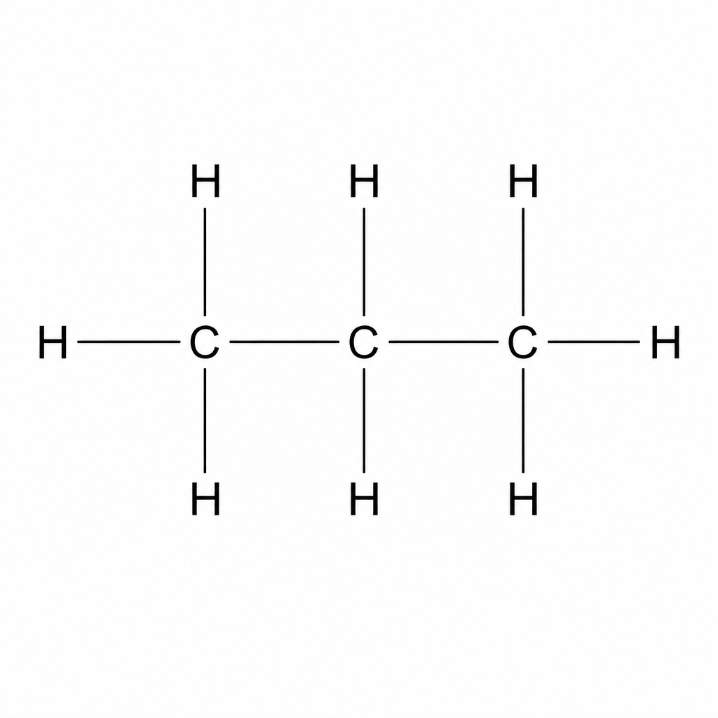 Structural formula of a propane molecule, consisting of a chain of 3 carbon atoms single-bonded to each other, with each carbon bonded to hydrogen atoms to make a total of 8 hydrogen atoms, C3H8