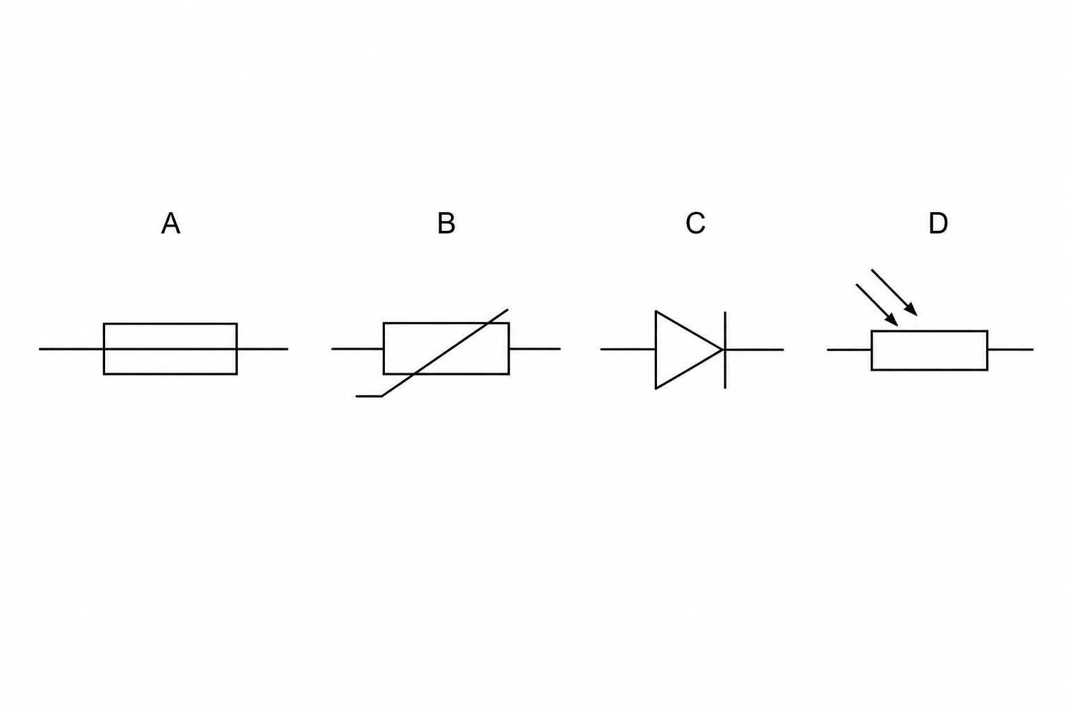 Four electrical circuit symbols labeled A, B, C, and D.