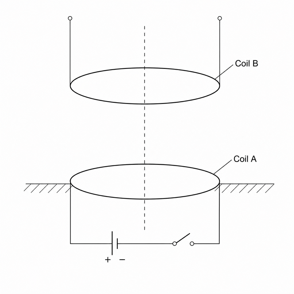 Experimental setup showing Coil A on a surface connected to a cell and switch, with Coil B suspended directly above it.