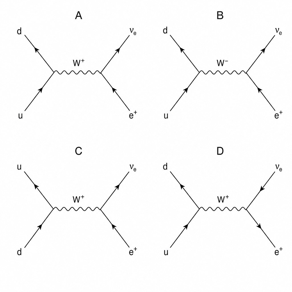 Four Feynman diagrams labeled A, B, C, and D representing potential quark-level interactions.