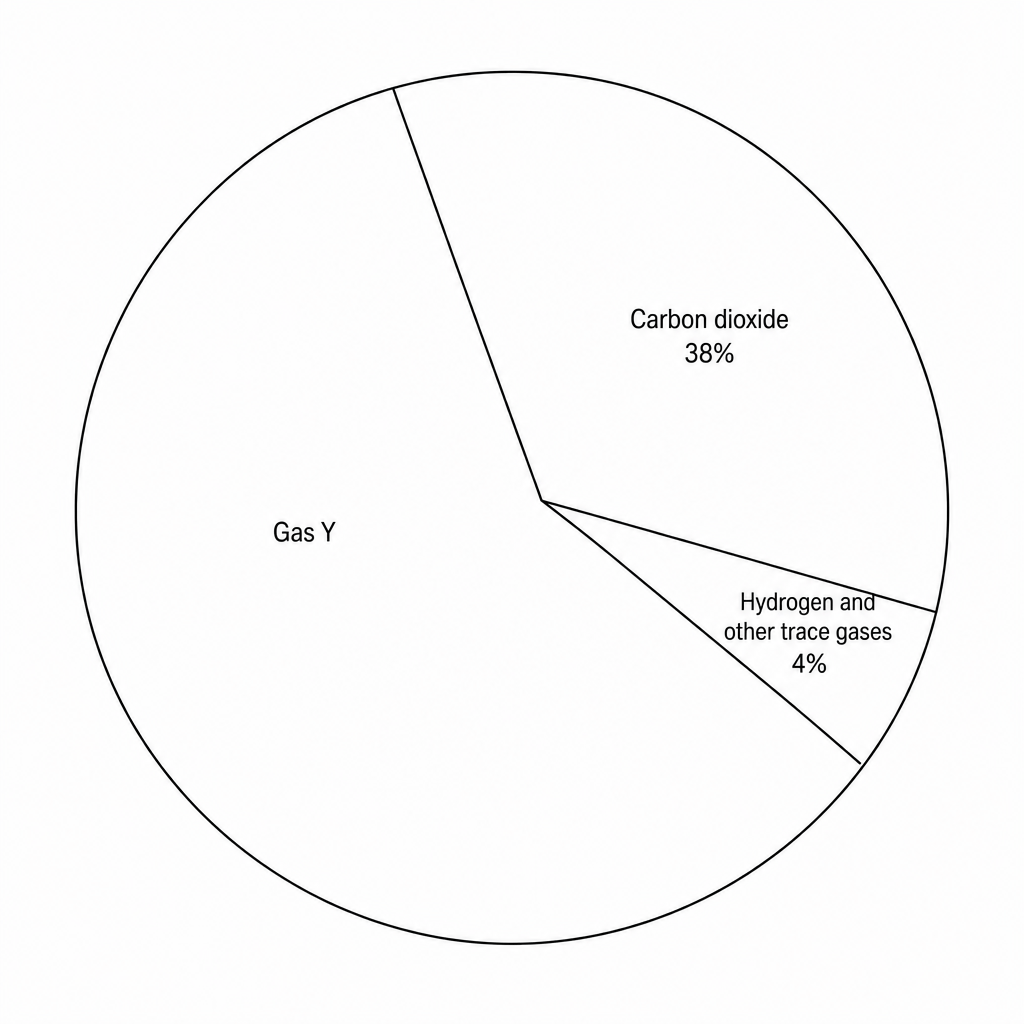 A circular pie chart showing the percentage of gases in a biogas sample. Carbon dioxide is labeled 38%. Hydrogen and other trace gases are labeled 4%. Gas Y is the remaining sector.