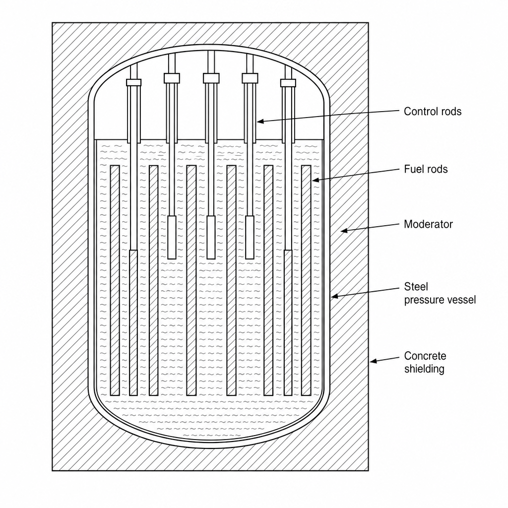A simplified cross-section diagram of a nuclear reactor core. It shows vertical fuel rods containing Uranium-235, control rods positioned on tracks so they can be inserted down between the fuel rods, a moderator surrounding the rods, and thick concrete shielding around the steel pressure vessel. Control rods are shown partially inserted.