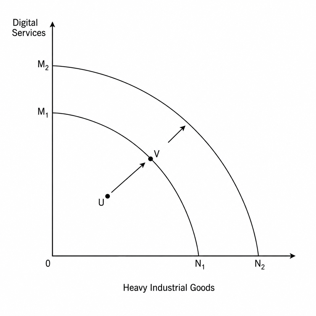 A production possibility frontier (PPF) showing digital services versus heavy industrial goods.