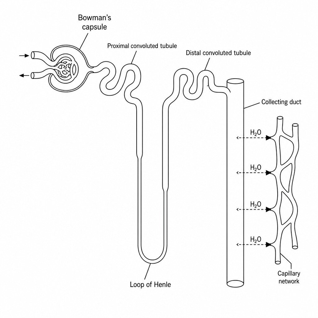 A simplified diagram of a kidney nephron. The diagram labels the Bowman's capsule, the loop of Henle, and a prominent collecting duct in the medulla. Water molecules (H₂O) are shown passing through the walls of the collecting duct into the surrounding capillaries.