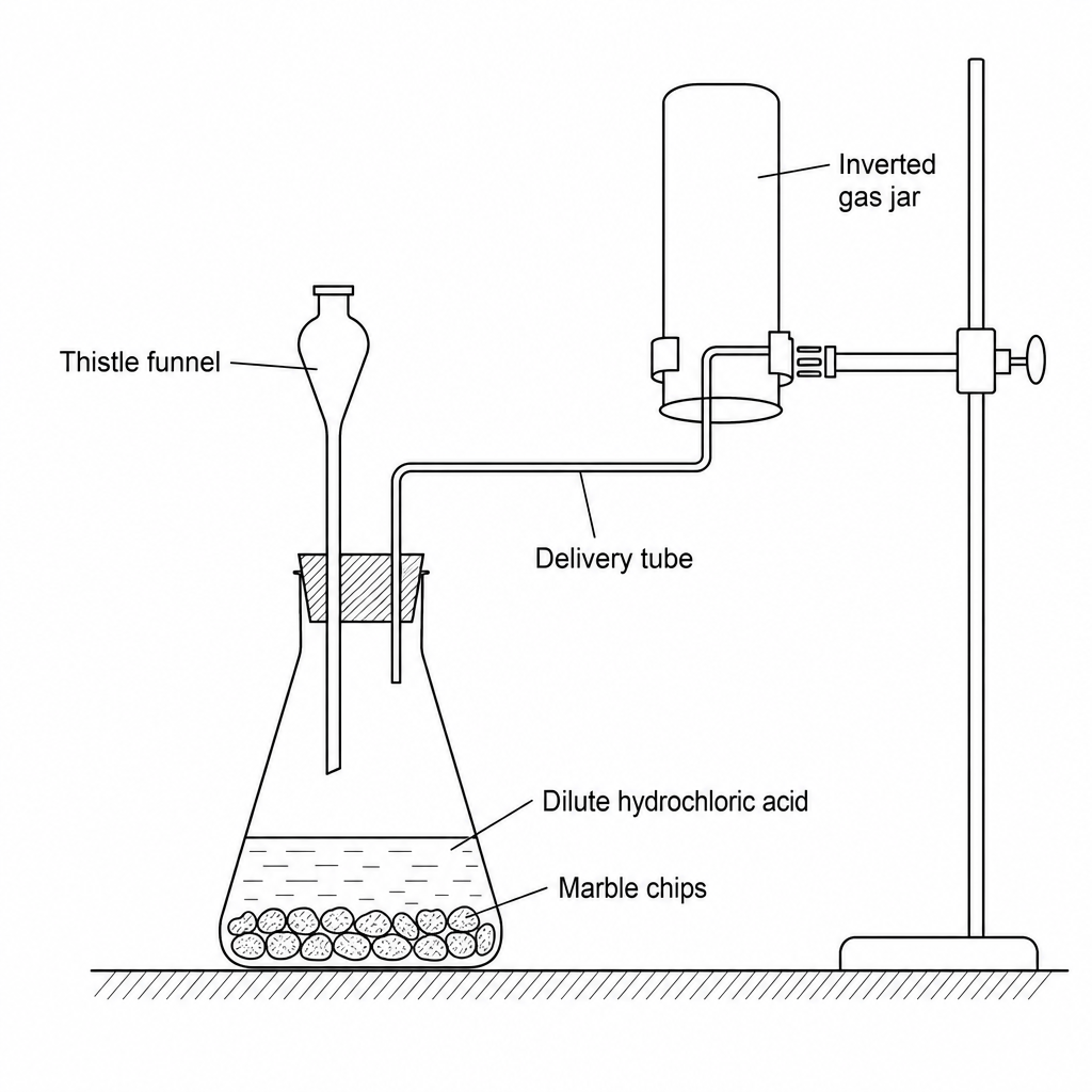 A diagram of a reaction flask containing marble chips and dilute hydrochloric acid. A thistle funnel passes through the stopper of the flask, but its lower outlet end is suspended above the surface of the liquid. A delivery tube leads from the stopper of the flask into an inverted (upside-down) gas jar positioned upright on a stand, intended for upward delivery.