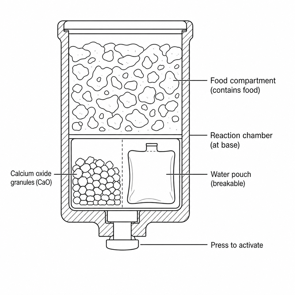 Cross-section of a self-heating survival ration container.