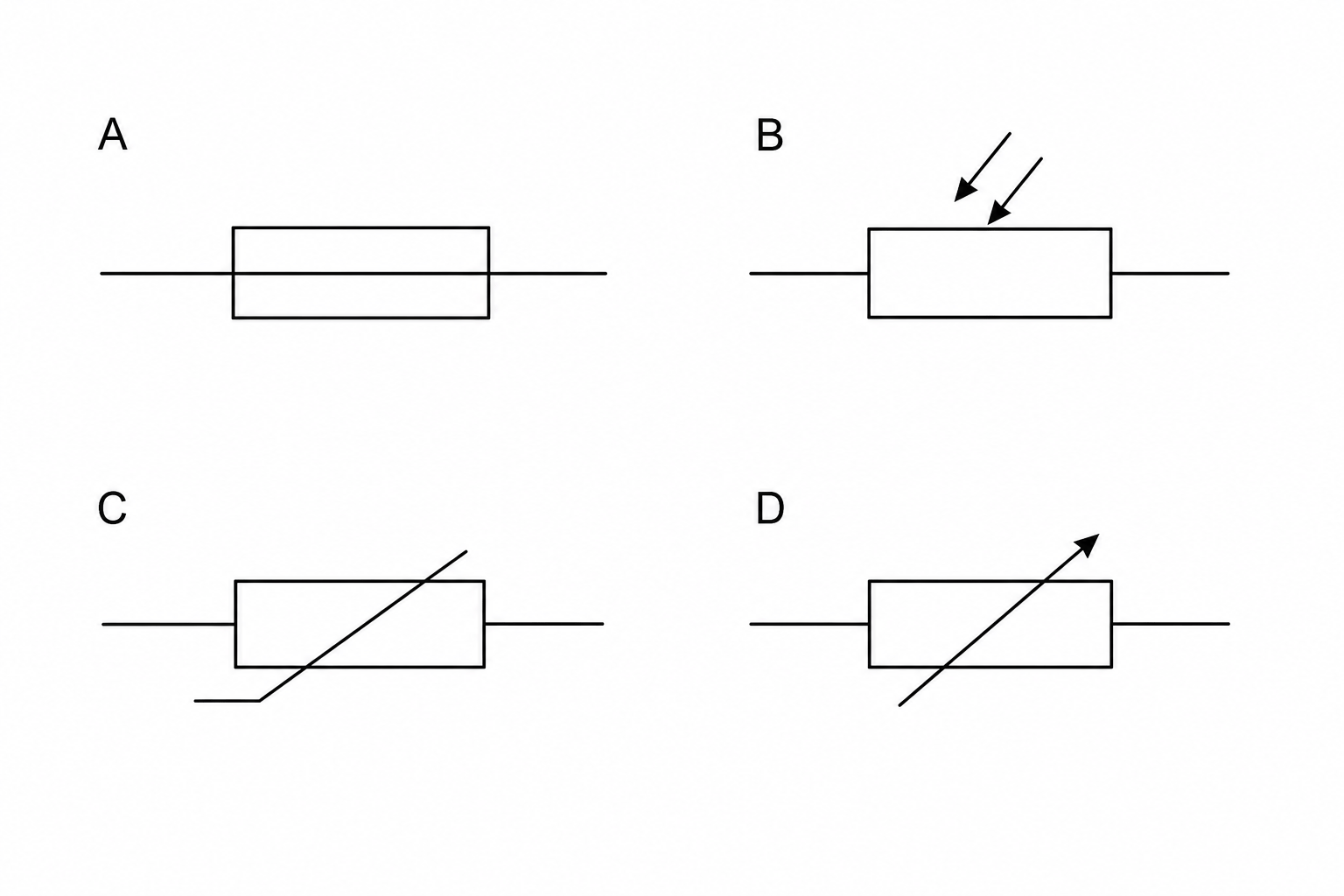 Four electrical circuit symbols labeled A, B, C, and D.