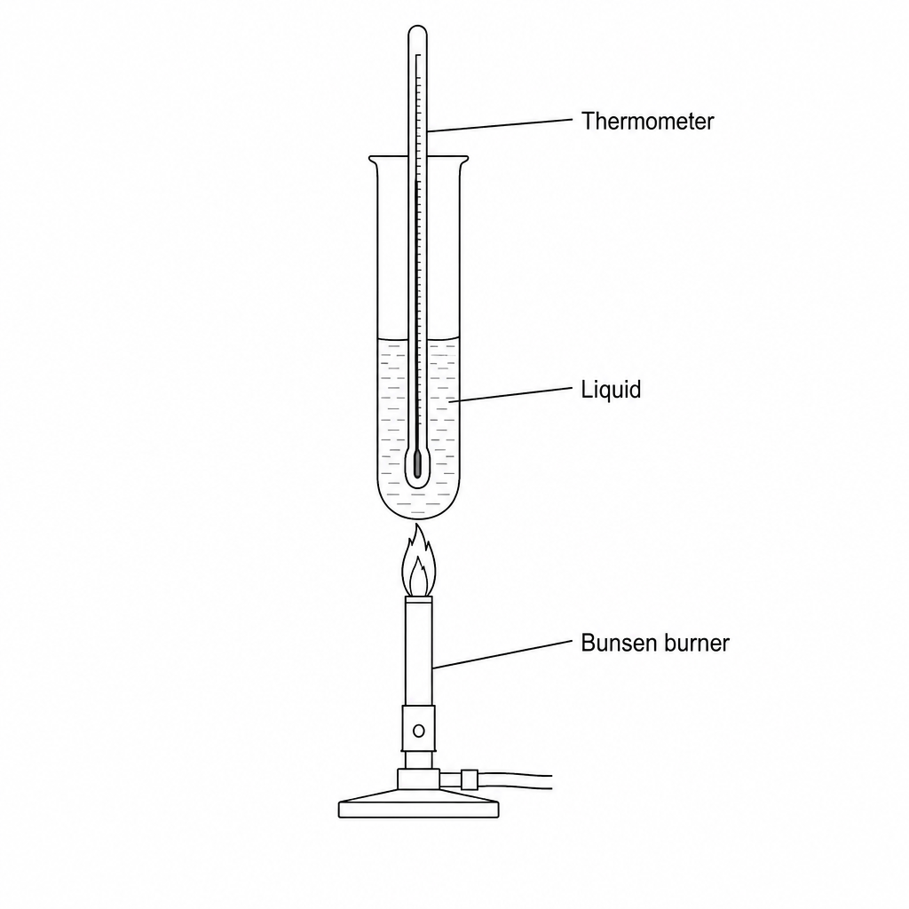 A science apparatus diagram showing a test tube containing liquid. A thermometer is suspended inside the test tube with its bulb immersed in the liquid. A Bunsen burner with an active flame is positioned directly beneath the bottom of the test tube, heating it. Labels point to the 'Thermometer', 'Liquid', and 'Bunsen burner'.