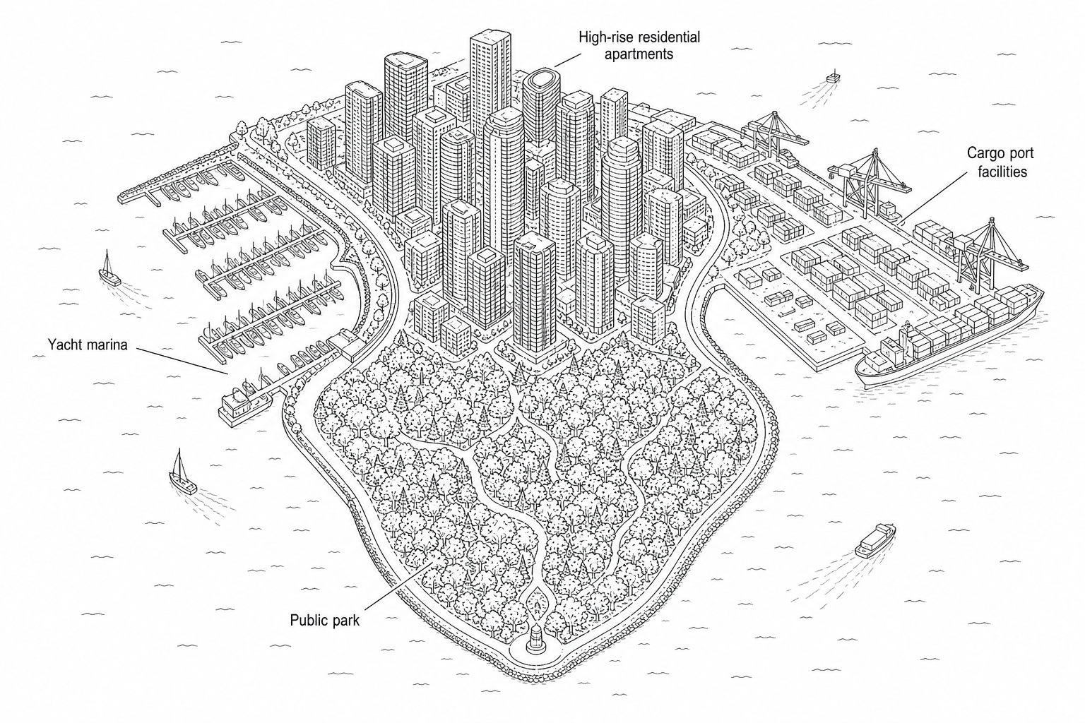 Figure 3: Aerial photograph of Vancouver, Canada, looking down onto a high-density downtown peninsula. High-rise glass residential apartments dominate the center of the peninsula, while a massive green forested public park occupies the tip. The peninsula is surrounded by water, featuring a busy yacht marina on one side and cargo port facilities on the other.