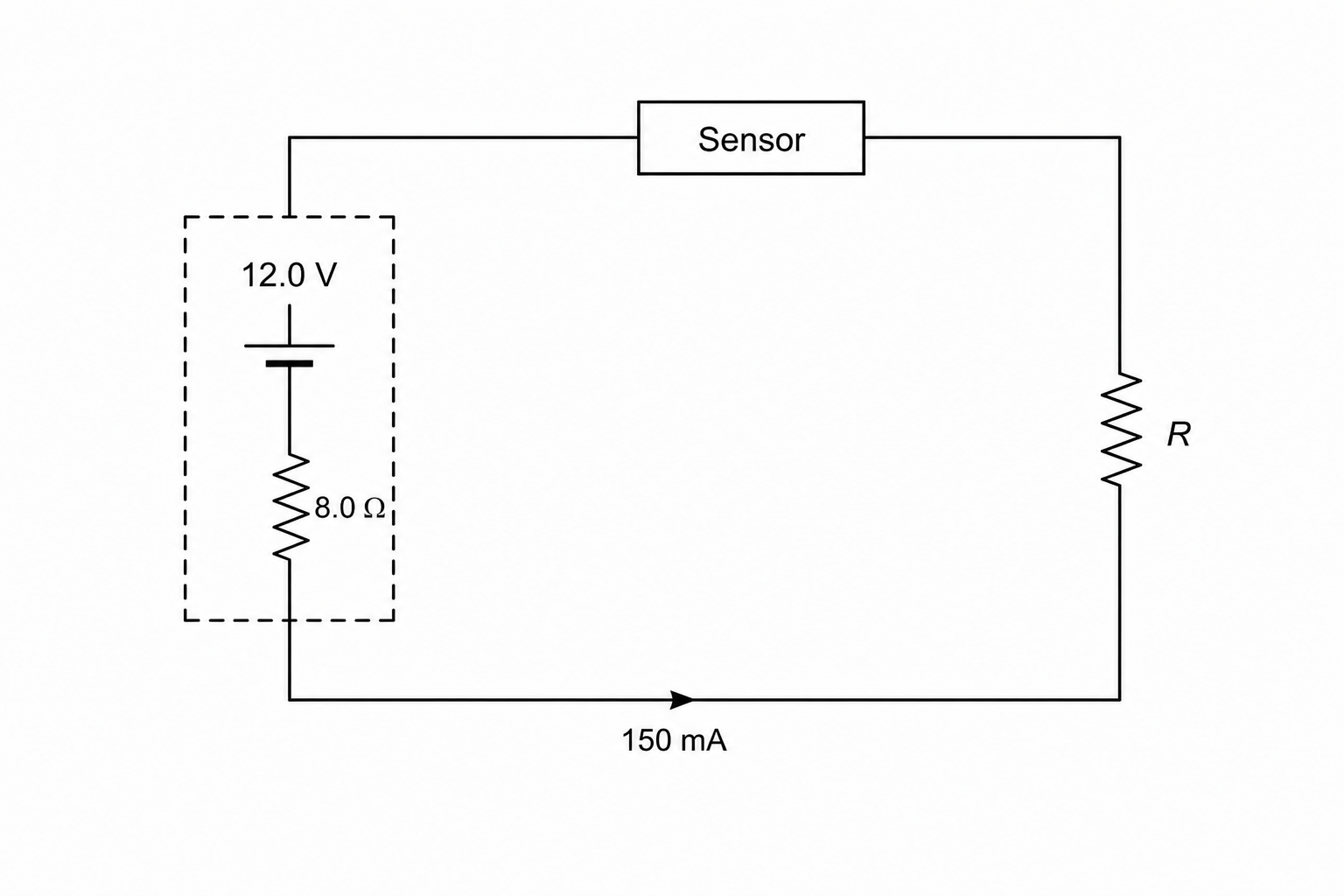 Series circuit containing a battery, a sensor, and a resistor