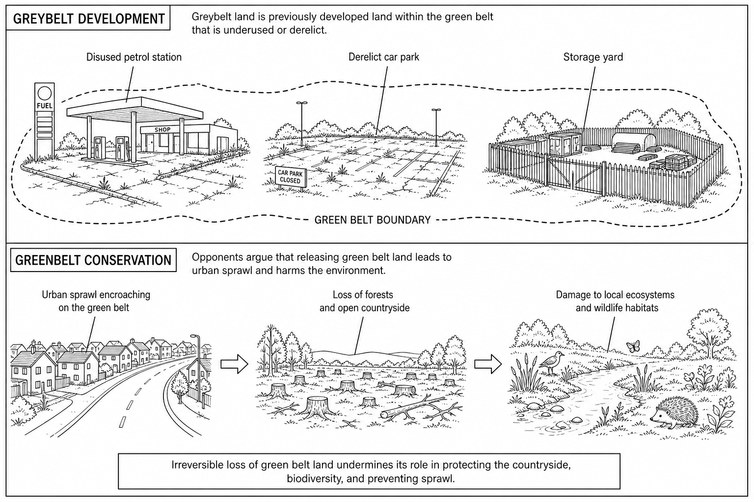 Extract from a planning journal. Critics argue that protecting all Greenbelt land regardless of its environmental quality prevents housing delivery. They introduce the concept of 'Greybelt' land—neglected sites like disused petrol stations, storage yards, and derelict car parks within designated Greenbelts. Opponents argue that any development on Greenbelt land accelerates urban sprawl and damages fragile local ecosystems.