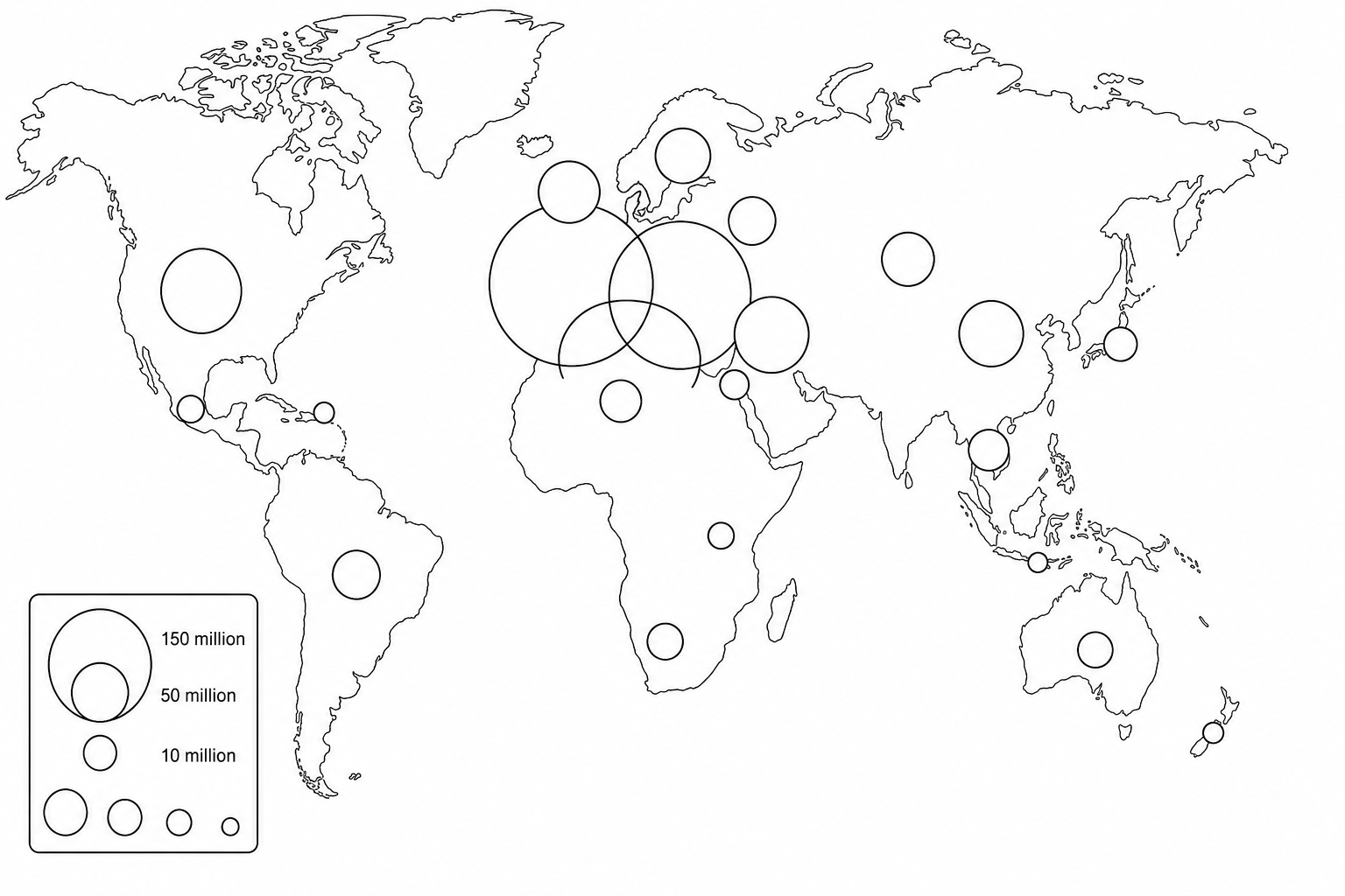 Figure 4: A proportional symbol map showing global tourist arrivals by region. The map uses circles of different sizes to represent the volume of arrivals. Many circles in the European and Mediterranean regions overlap heavily, obscuring local details and boundaries. The map uses a dark grey background with dark blue and purple symbols. The map key displays nesting circles representing 10 million, 50 million, and 150 million arrivals, but does not indicate values for smaller circles. There is no title or source date included on the map layout.