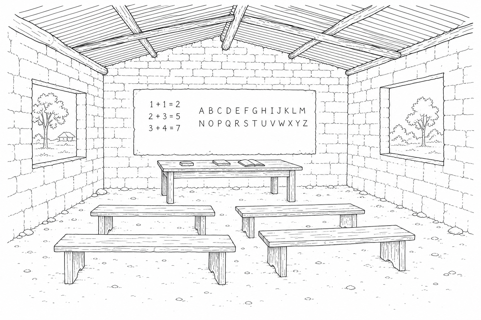 Fig. 1: A drawing of the interior of a rural primary school classroom in Zambia.