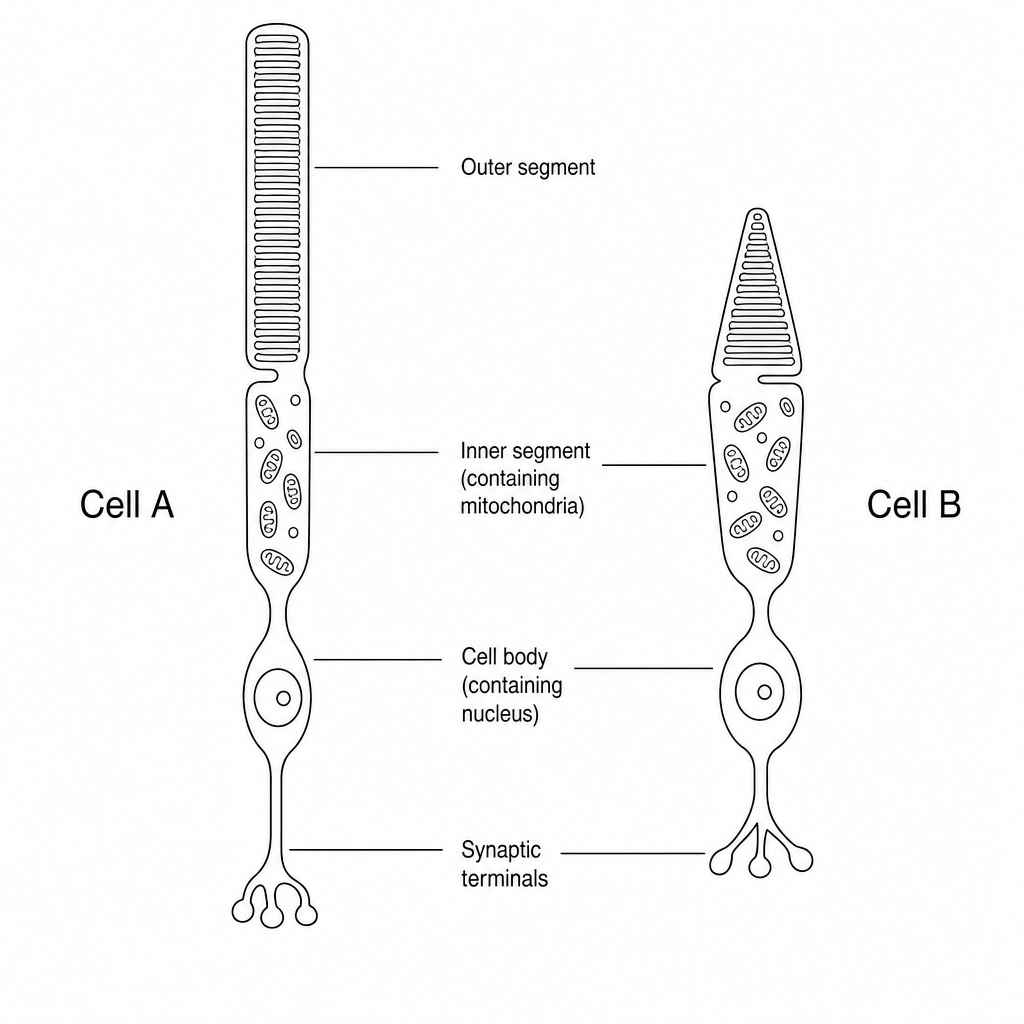 Diagram of Cell A and Cell B photoreceptor cells in the human retina