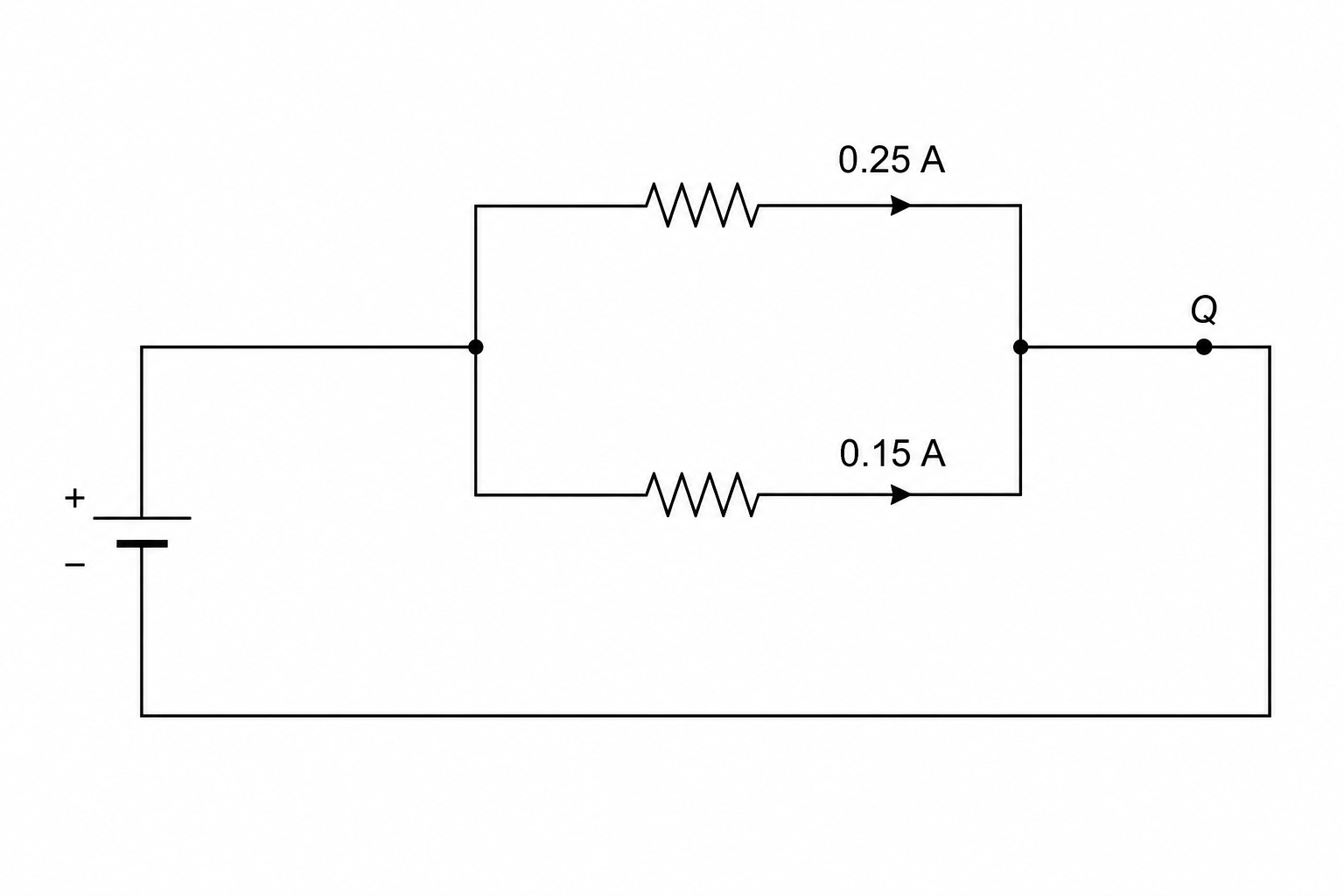 Circuit diagram with parallel branches and a marked point Q