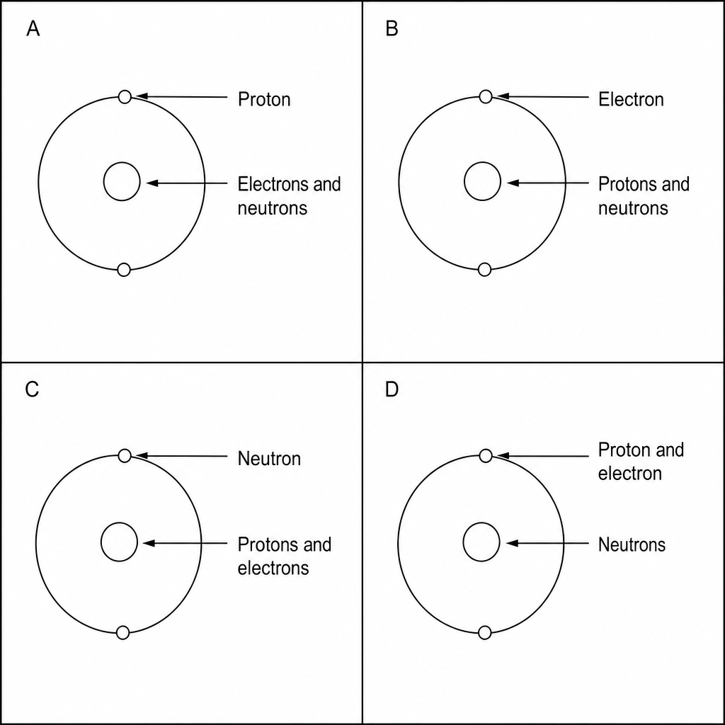 Four simplified atomic model diagrams labeled A, B, C, and D