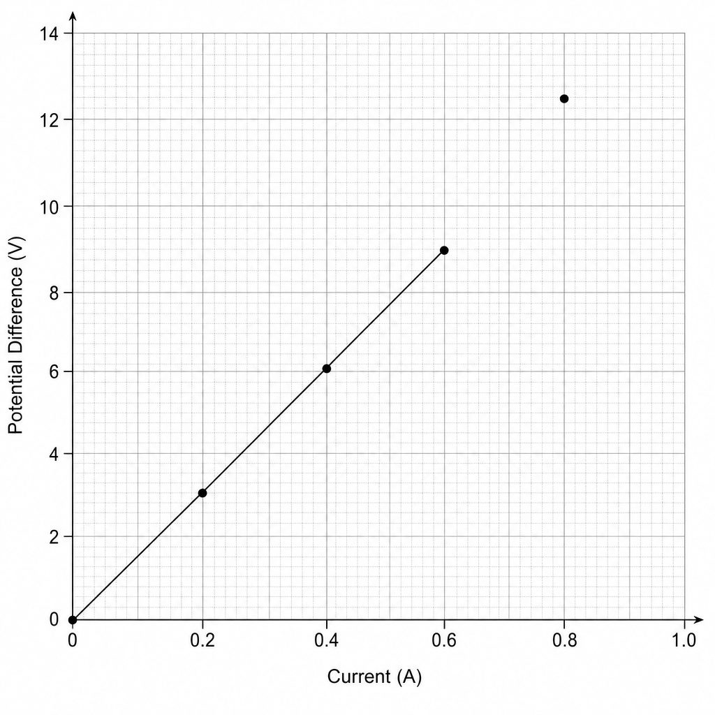 A graph of Potential Difference in volts (V) on the y-axis versus Current in amperes (A) on the x-axis. The y-axis scale goes from 0 to 14 V with grid lines every 0.2 V. The x-axis scale goes from 0 to 1.0 A with grid lines every 0.02 A. Points are plotted at (0, 0), (0.20, 3.0), (0.40, 6.0), (0.60, 9.0), and (0.80, 12.5). A straight line of best fit passes through the origin and the first four points, but the final point at (0.80, 12.5) lies above this line of best fit.