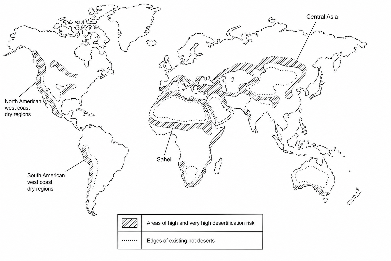 Figure 3a: World map showing areas of high and very high desertification risk.