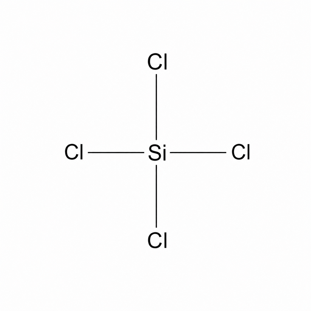Displayed formula of a silicon tetrachloride molecule, consisting of a central Si atom bonded to four surrounding Cl atoms (top, bottom, left, right) by single lines representing covalent bonds.