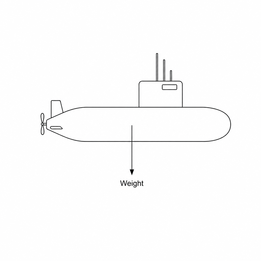 Figure 1: A research submarine descending vertically through the ocean. A vertical arrow pointing straight downwards from the submarine is labeled 'Weight'.