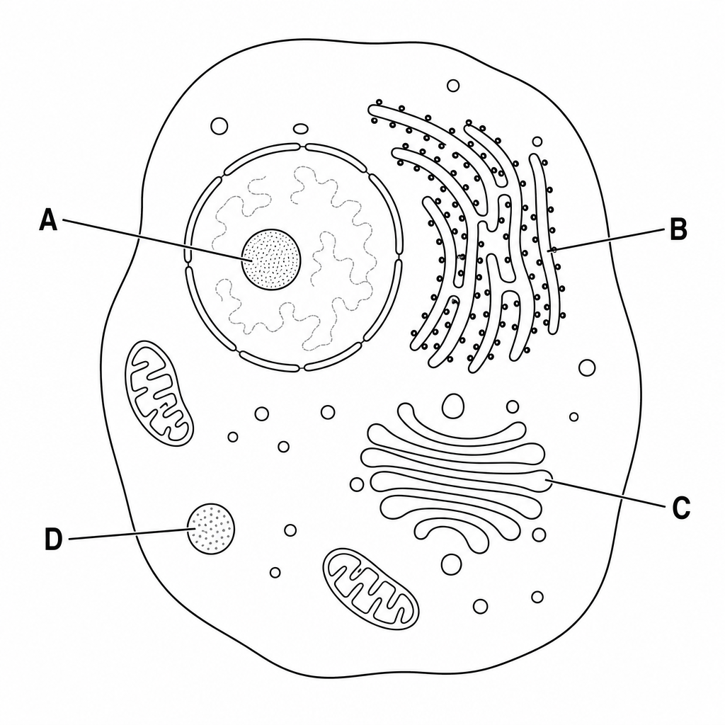 Schematic of a eukaryotic animal cell with labeled organelles