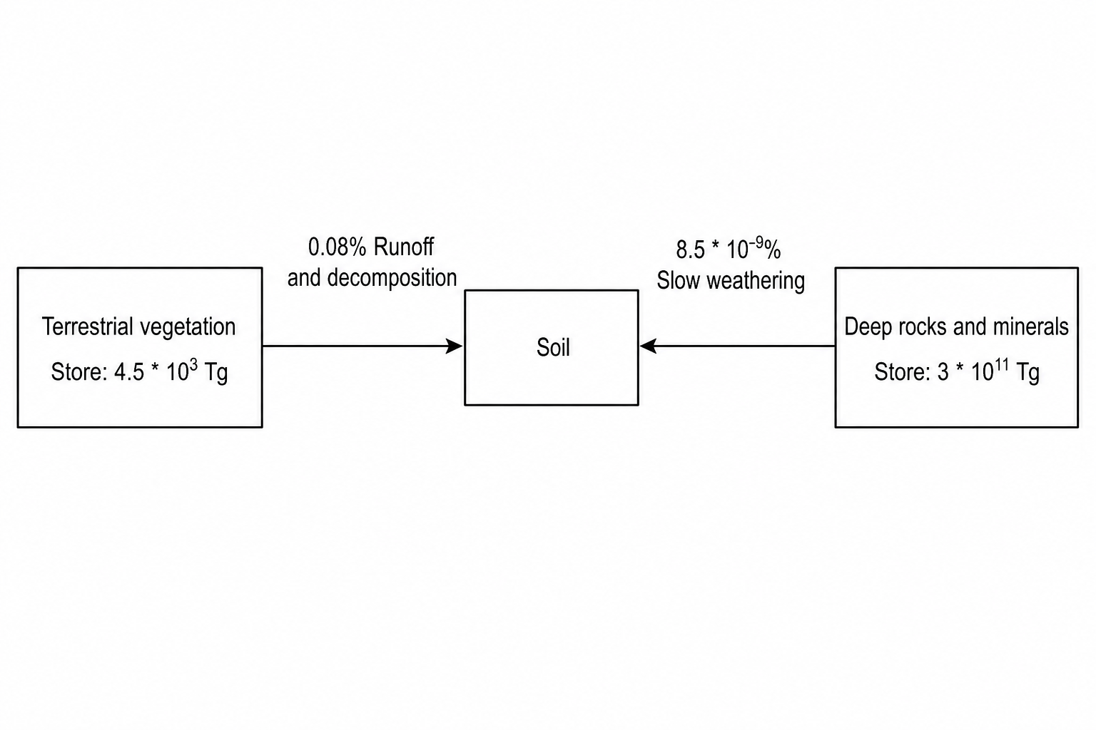 Diagram of part of a phosphorus cycle showing two stores of phosphorus that supply a central reservoir called Soil. On the left is a box representing terrestrial vegetation containing a phosphorus store of 4.5 \times 10^3 Tg; an arrow leads from this box to Soil with the label '0.08% Runoff and decomposition'. On the right is a box representing deep rocks and minerals containing a phosphorus store of 3 \times 10^{11} Tg; an arrow leads from this box to Soil with the label '8.5 \times 10^{-9}% Slow weathering'.