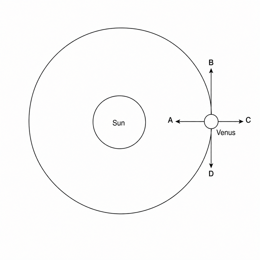 Diagram showing Venus in a circular orbit around the Sun with four arrows A, B, C, and D.