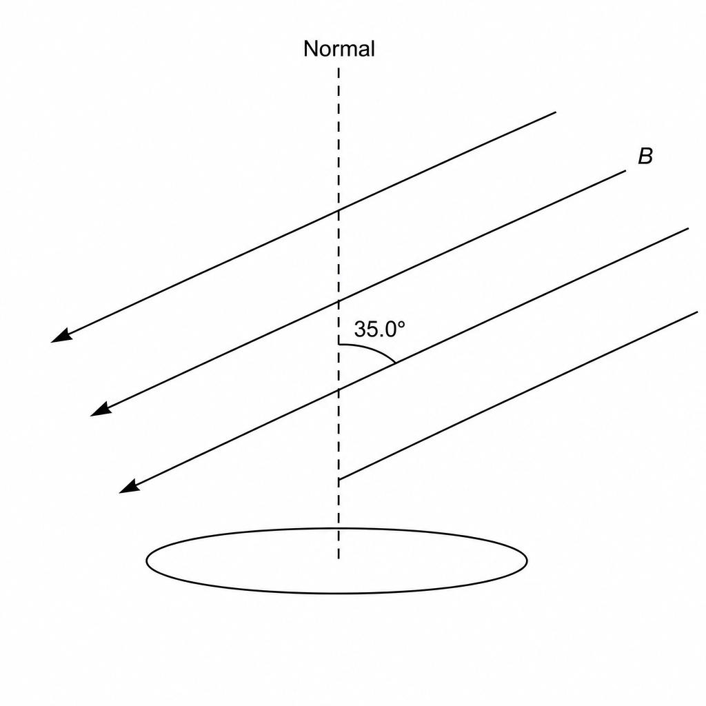 A flat horizontal coil has 300 turns. A dashed vertical line represents the normal to the plane of the coil. Several parallel magnetic field lines pass through the coil, pointing downwards and to the left, making an angle of 35.0° with the vertical normal line.
