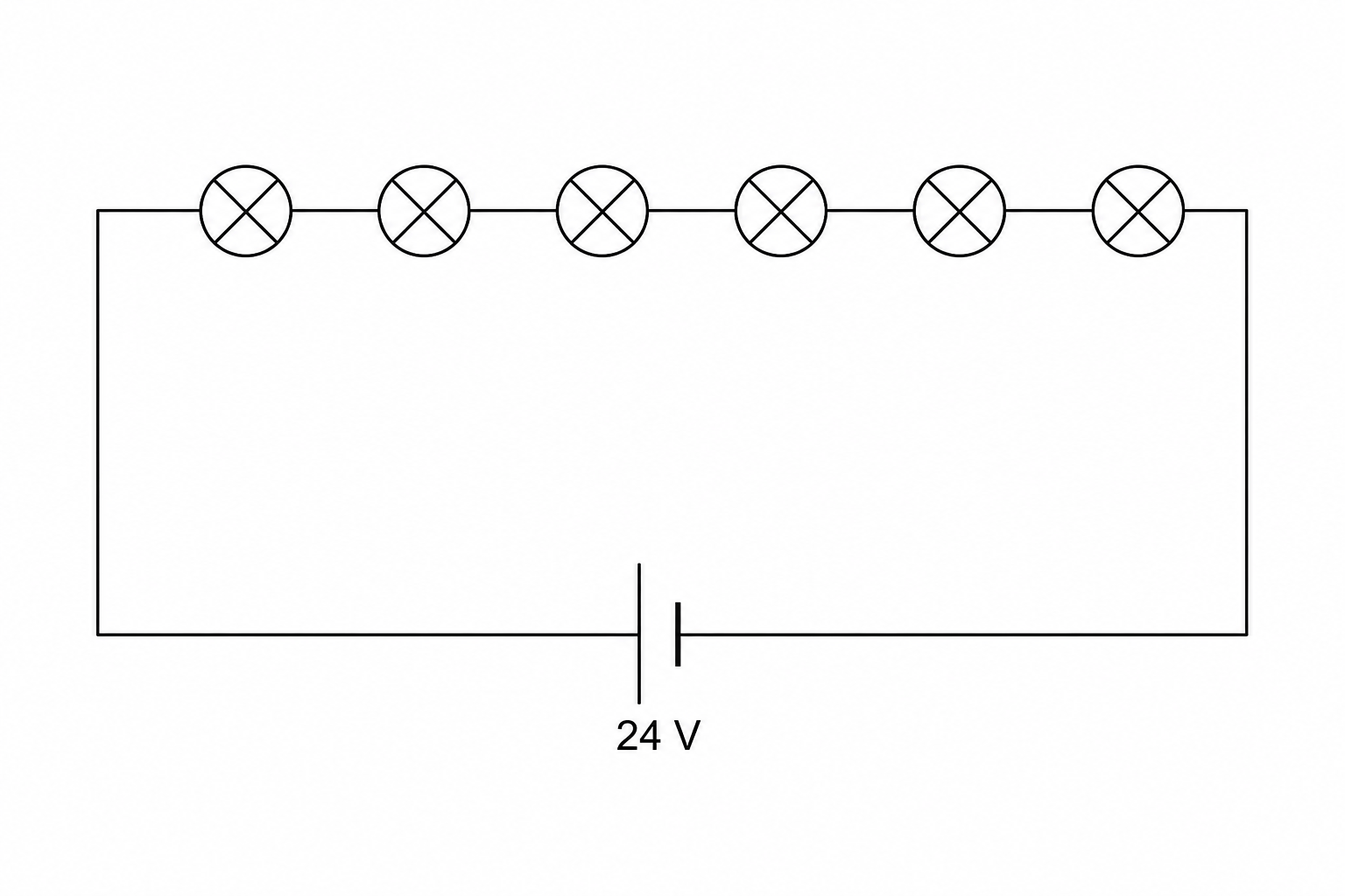 A circuit diagram showing six identical filament lamps connected in series to a 24 V battery.