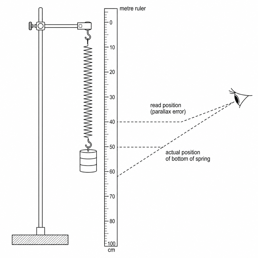A spring suspended from a clamp stand next to a vertical metre ruler. Weights are hung from the bottom of the spring. The student is shown looking down at the bottom of the spring at an angle, attempting to read the position against the ruler scale.
