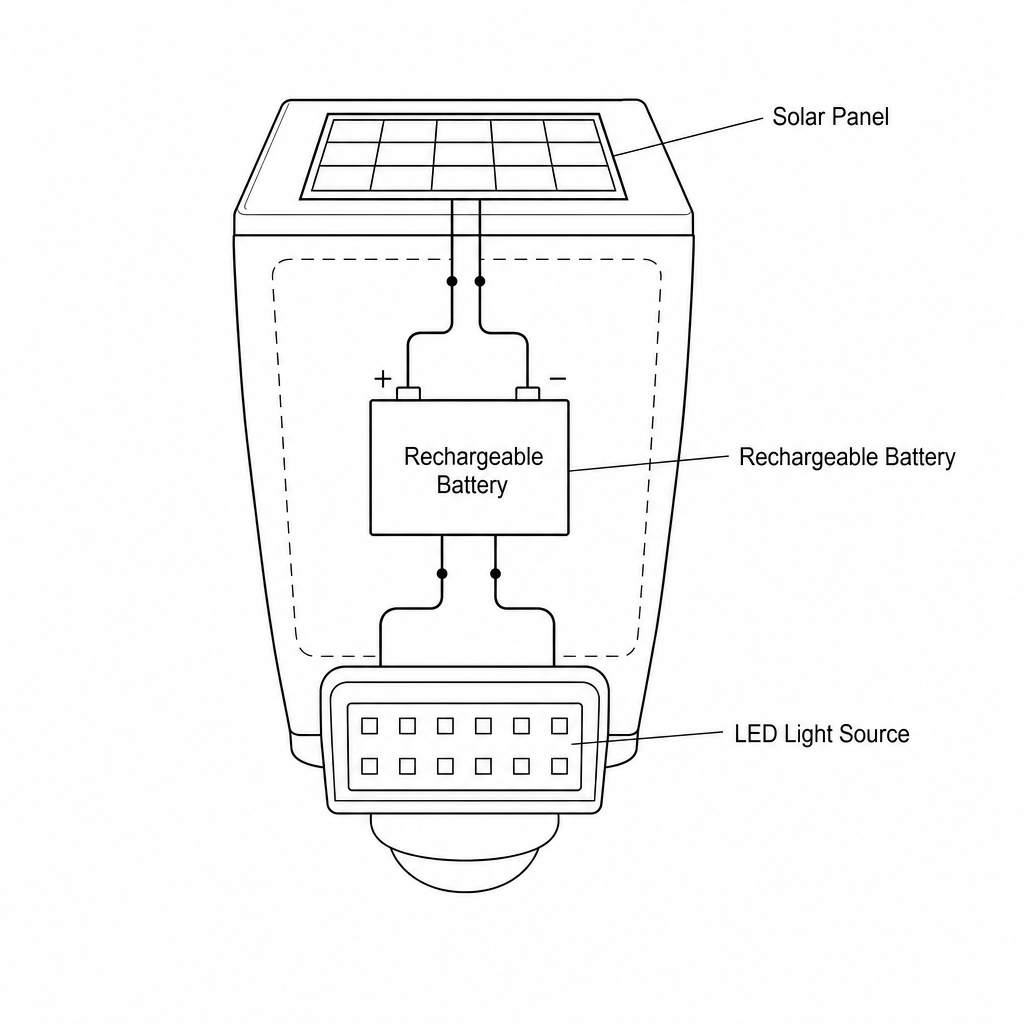 A diagram showing a solar-powered security light. The top surface has a solar panel labeled 'Solar Panel' which connects via internal wiring to a battery unit labeled 'Rechargeable Battery' inside the main housing. The battery is connected to an LED lamp labeled 'LED Light Source' at the bottom of the unit.
