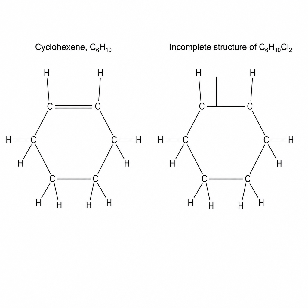 Displayed structural formula of cyclohexene and incomplete structure of C6H10Cl2