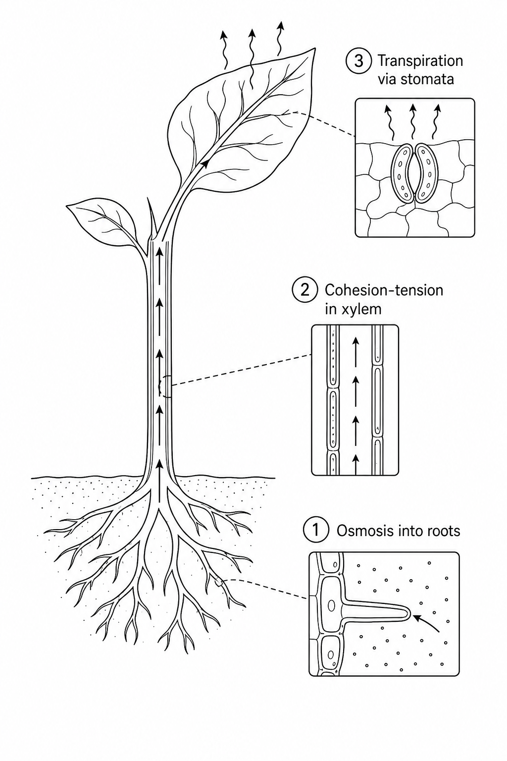 Diagram of a sunflower plant showing the continuous pathway of water. Large arrows show water entering the root hair cells in the soil, moving upwards through the vascular bundle/xylem in the stem, and exiting the pores under the leaves into the surrounding air as water vapour.