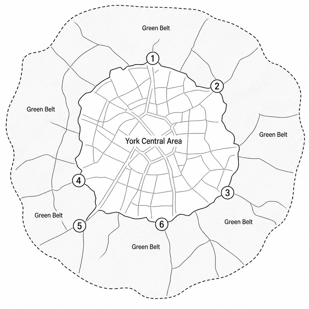 Figure 6a: Map of the city of York, UK, showing the central built-up urban area, the outer city boundary highlighted by a dashed line, and a surrounding shaded Green Belt zone. Six numbered locations are highlighted along the rural-urban fringe where developments are located: Point 1 to the north, Point 2 to the north-east, Point 3 to the south-east, Point 4 to the south-west, Point 5 further south-west, and Point 6 to the south.