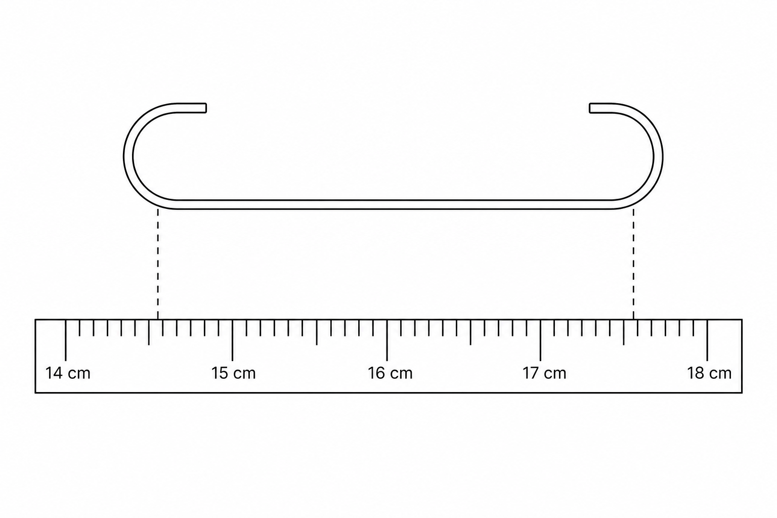 An S-hook placed horizontally against a metric ruler spanning from 14 cm to 18 cm with millimeter markings. The leftmost end of the S-hook aligns vertically with the 14.2 cm mark, and the rightmost end aligns vertically with the 17.6 cm mark.
