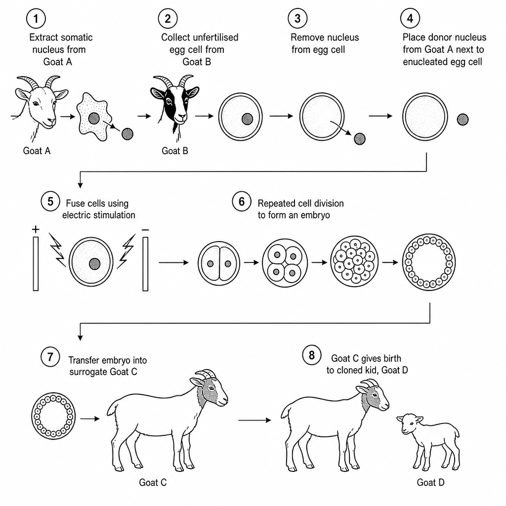 A flow diagram outlining the reproductive cloning of a goat. Goat A (white-faced) has an arrow pointing to Stage 1, where a somatic donor nucleus is extracted. Goat B (black-faced) has an arrow leading to Stage 2, where an unfertilised egg cell is collected. In Stage 3, the nucleus is removed from this egg cell. In Stage 4, the donor nucleus from Goat A is placed next to the enucleated egg cell. In Stage 5, they are fused together under electric stimulation. In Stage 6, the cell undergoes repeated cell division to form a multicellular embryo. In Stage 7, this embryo is transferred into the uterus of surrogate Goat C (brown-faced). In Stage 8, Goat C gives birth to the cloned kid, Goat D.