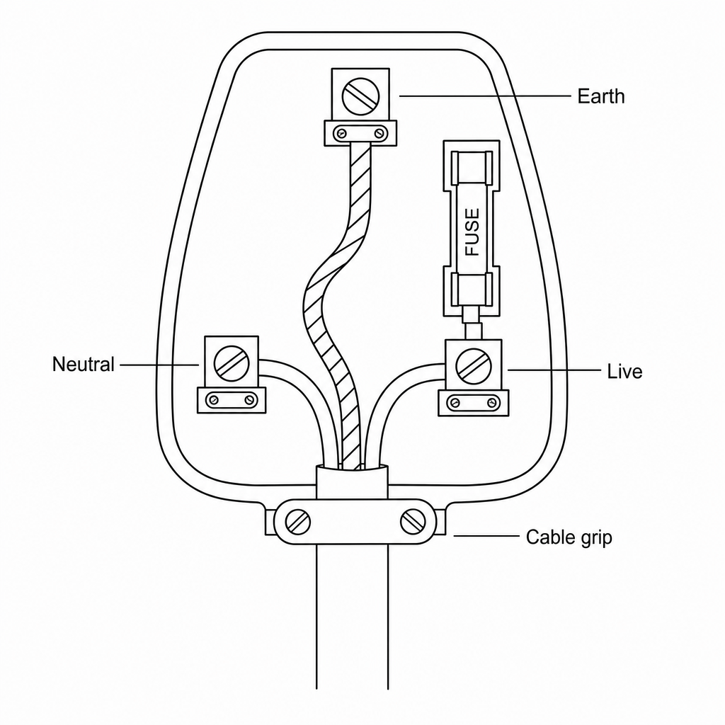 Diagram showing the inside of a standard UK three-pin plug.