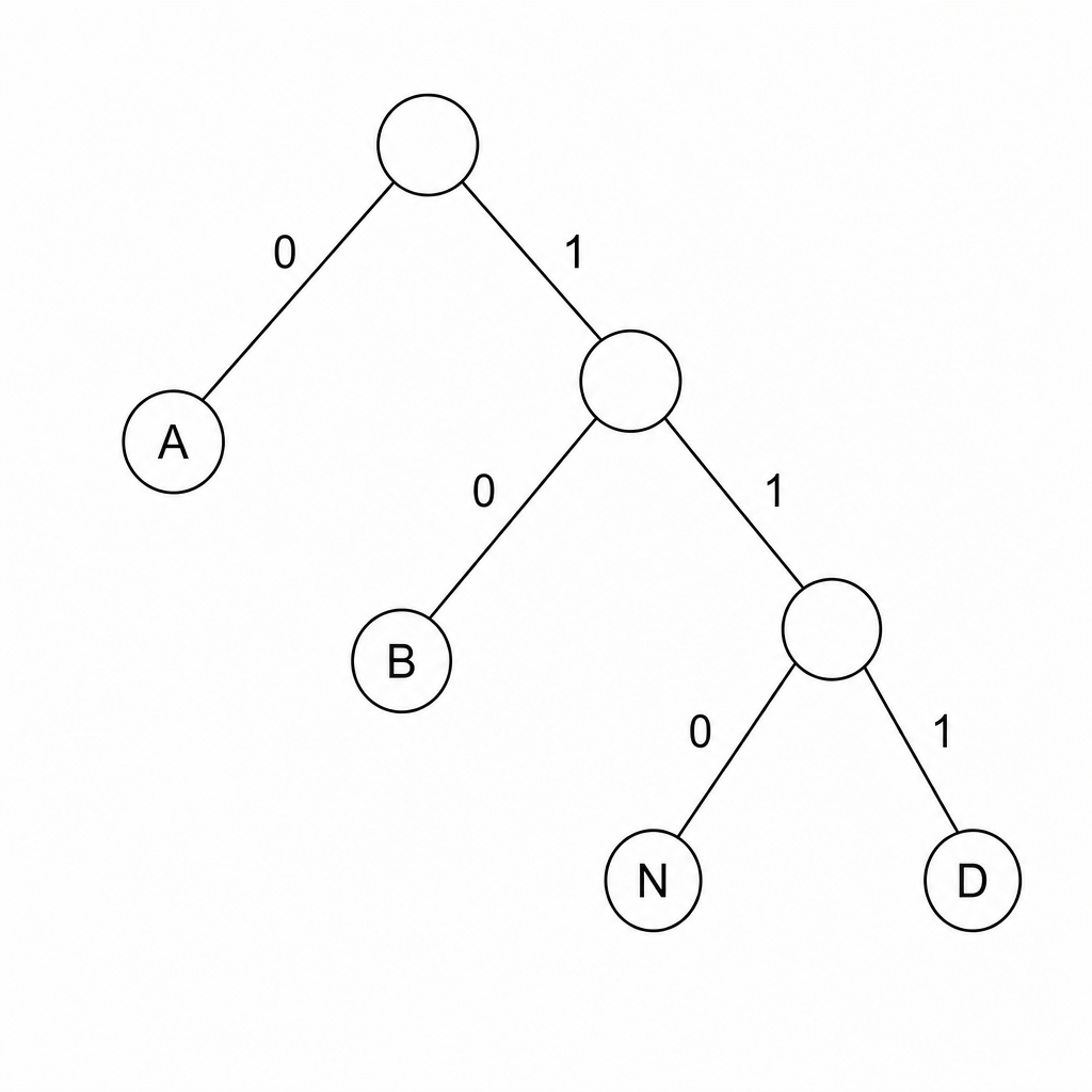 A Huffman tree representing characters A, B, N, and D.