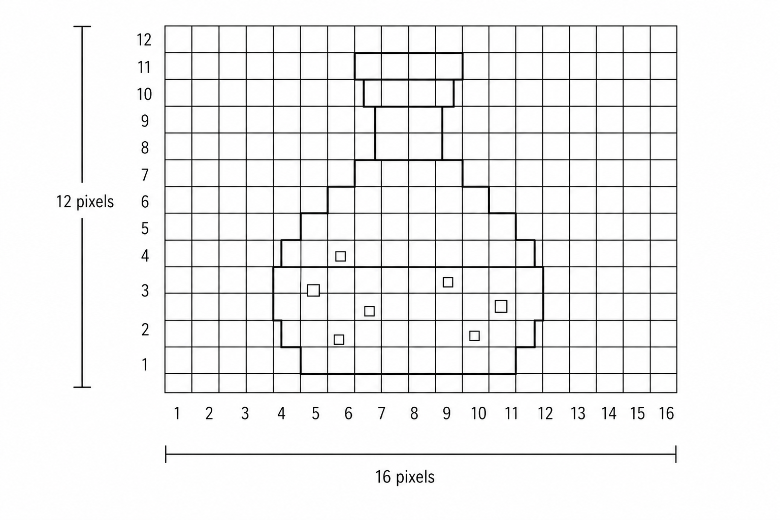 A grid-based pixel art layout of Sprite P measuring 16 pixels wide by 12 pixels high.