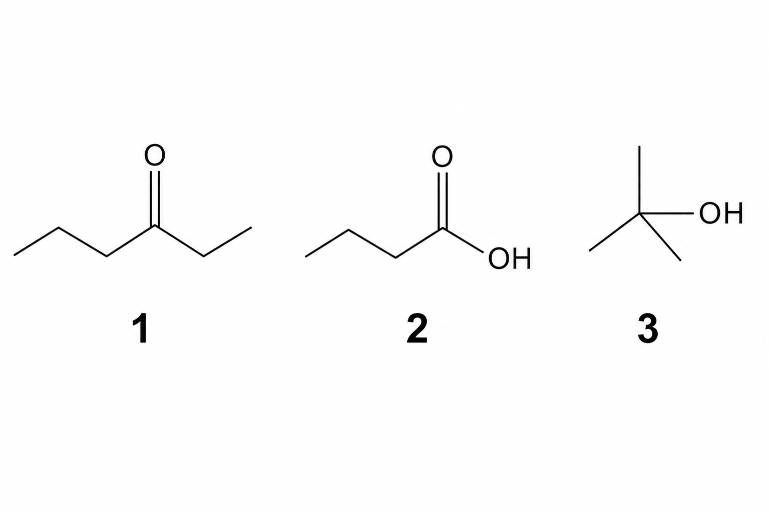 Three organic compounds labeled 1, 2, and 3
