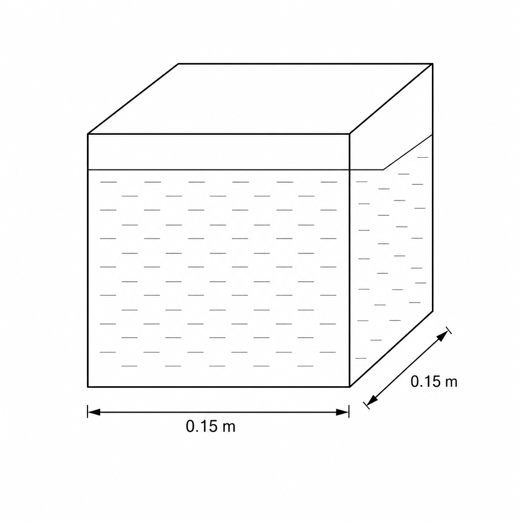 A line drawing of a cubical container filled with water. Underneath the front bottom edge of the cube is a double-headed horizontal arrow labeled 0.15 m. Underneath the side bottom edge is a double-headed diagonal arrow labeled 0.15 m.