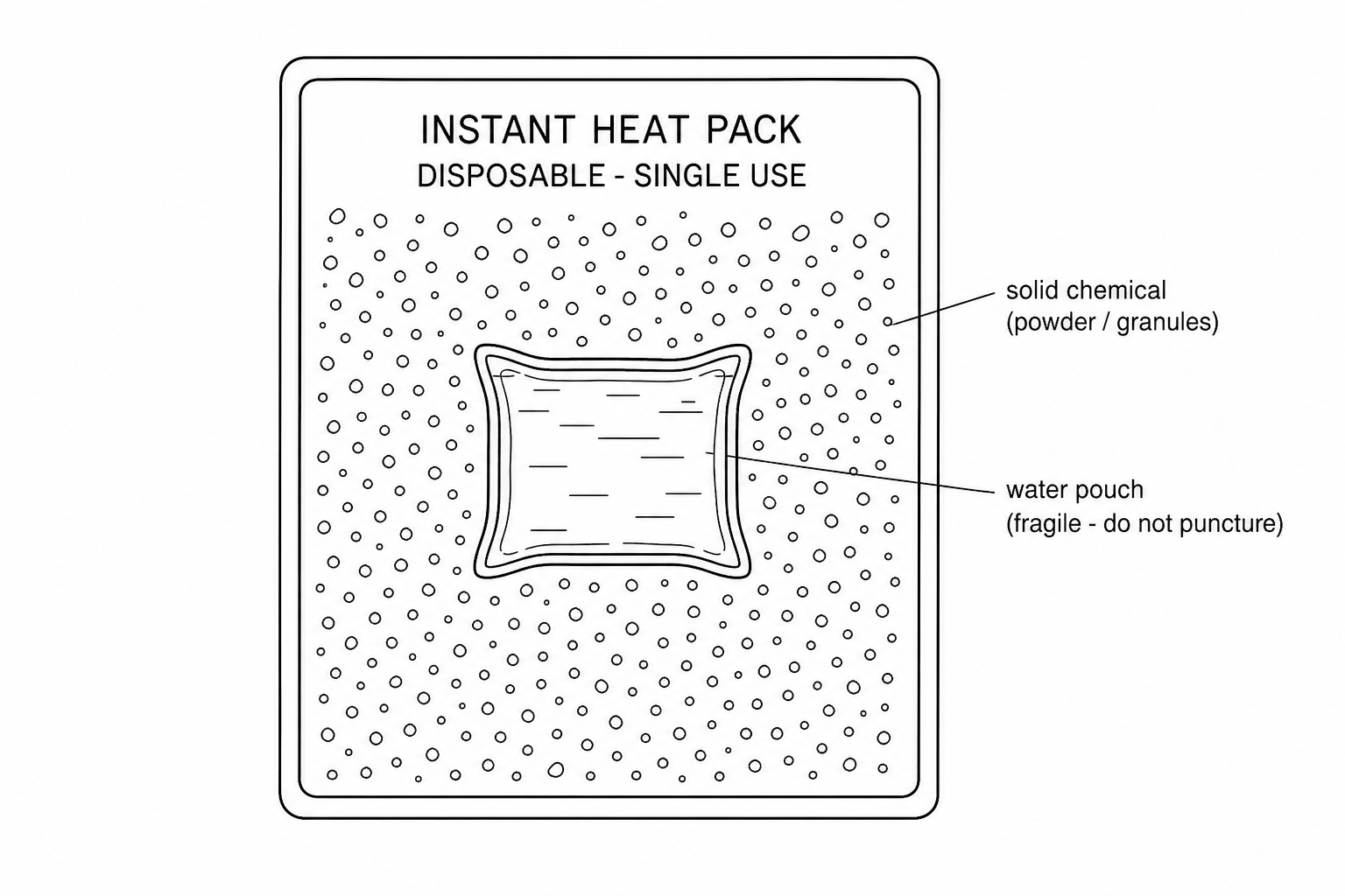 A diagram of an instant heating pad. The outer rectangular pack is labelled 'INSTANT HEAT PACK' and 'DISPOSABLE - SINGLE USE'. Inside, there is a solid powder layer, and a smaller, fragile sealed inner pouch containing water is embedded in the middle.
