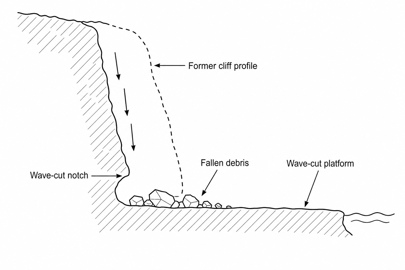 A line diagram showing a coastal cliff with waves attacking its base at high tide, creating a wave-cut notch. Above the notch, the overhanging cliff has a dotted line indicating a previous profile and arrows pointing down to show cliff collapse. At the base, a flat, rocky wave-cut platform is exposed, covered in debris from the collapsed cliff.